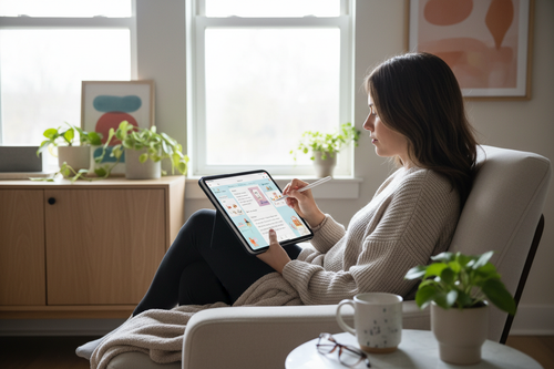 a woman journaling on an ipad 