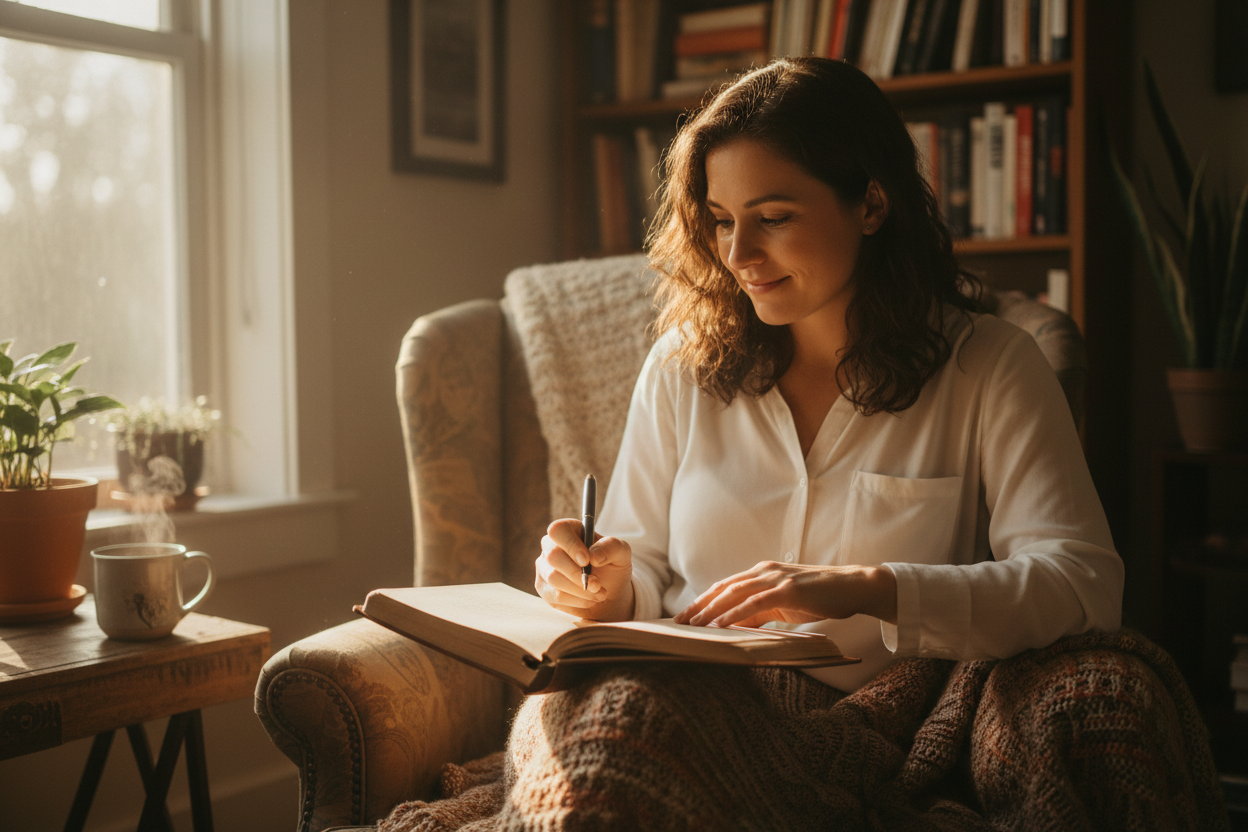 a woman writing in a physical journal